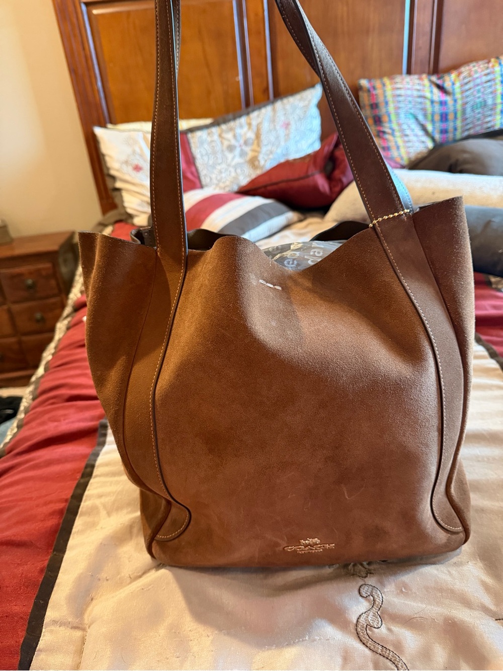 Coach Suede/Leather Hadley Tote in Chestnut Brown with Gold Logo - GUC - Picture 4 of 13